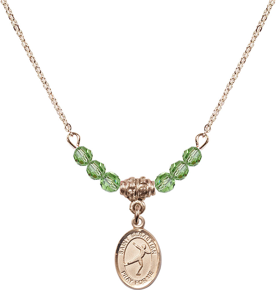 14kt Gold Filled Saint Sebastian/Figure Skating Birthstone Necklace with Peridot Beads - 9177