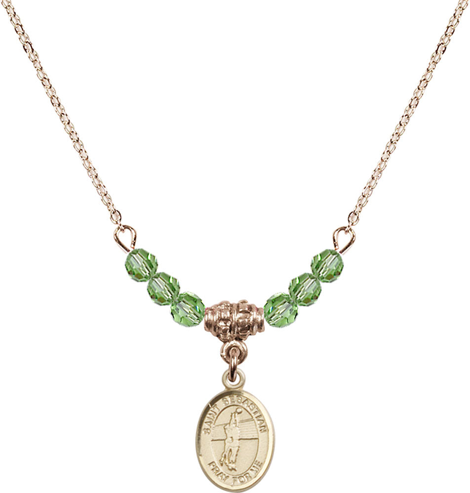 14kt Gold Filled Saint Sebastian / Volleyball Birthstone Necklace with Peridot Beads - 9186