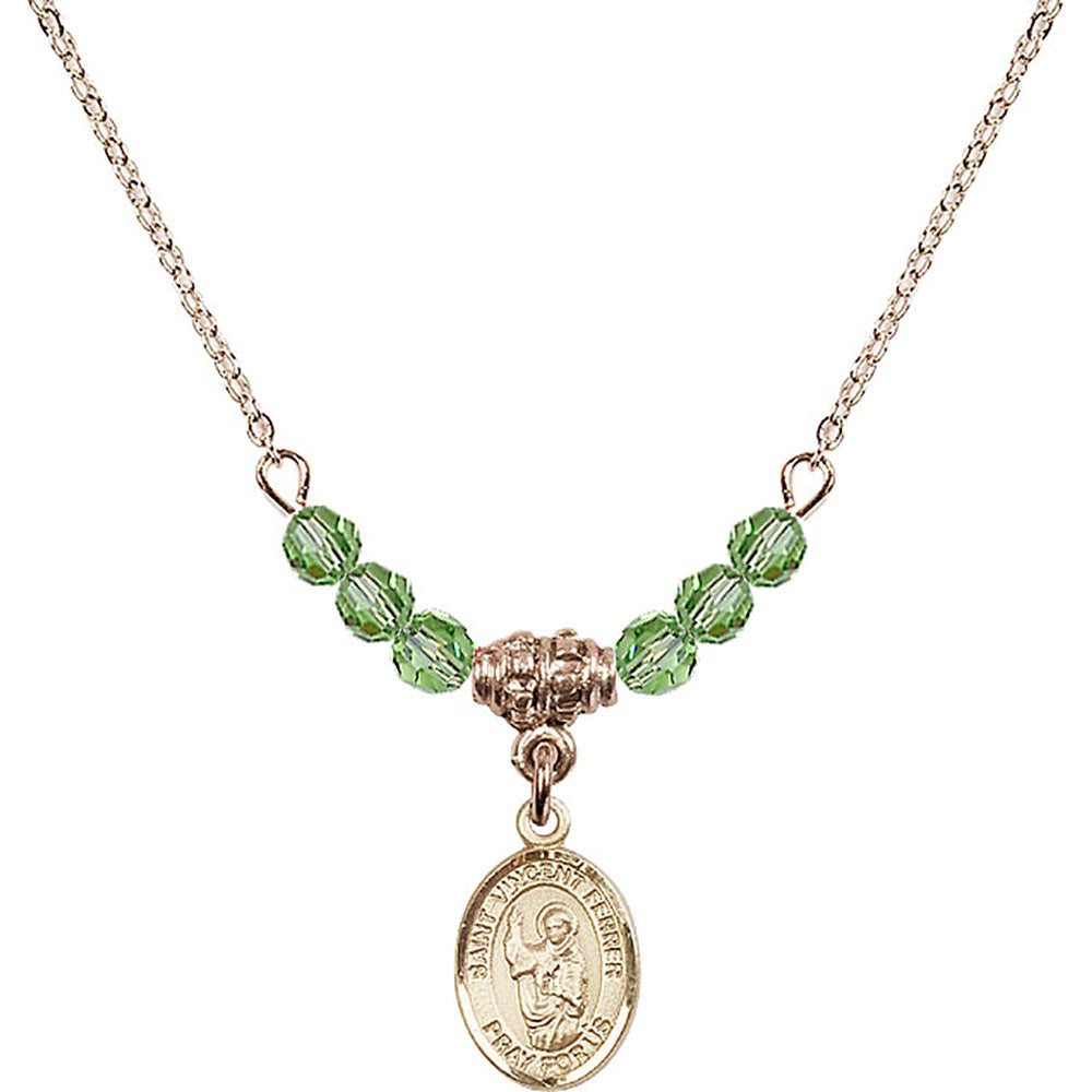 14kt Gold Filled Saint Vincent Ferrer Birthstone Necklace with Peridot Beads - 9201