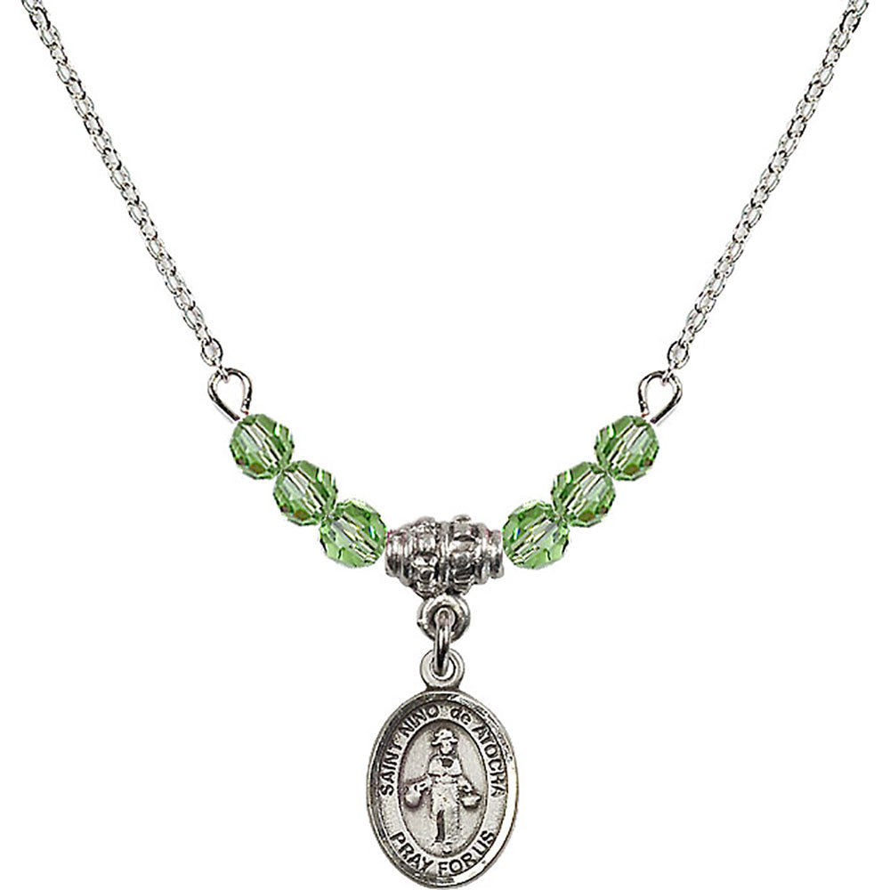 Sterling Silver Saint Nino de Atocha Birthstone Necklace with Peridot Beads - 9214