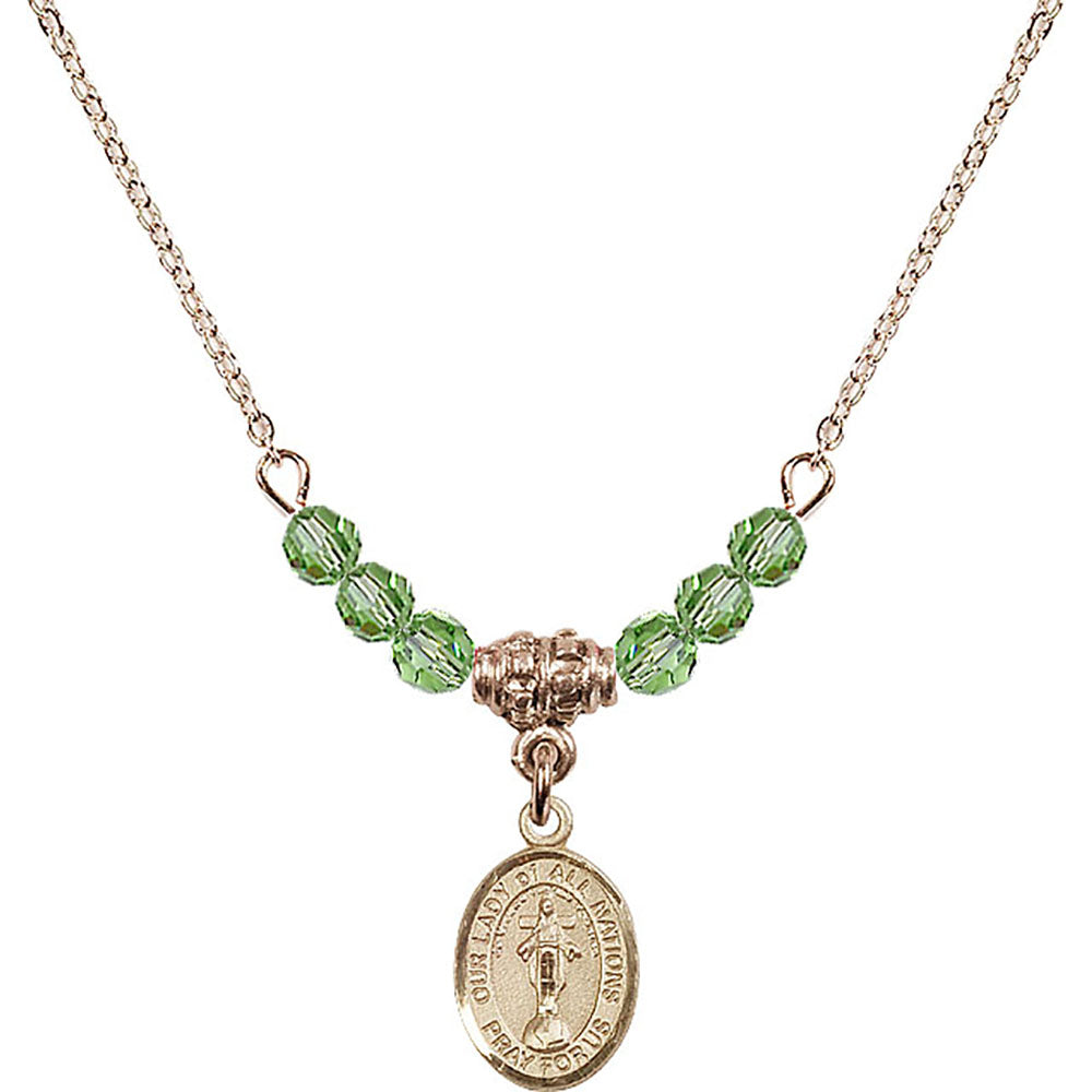 14kt Gold Filled Our Lady of All Nations Birthstone Necklace with Peridot Beads - 9242