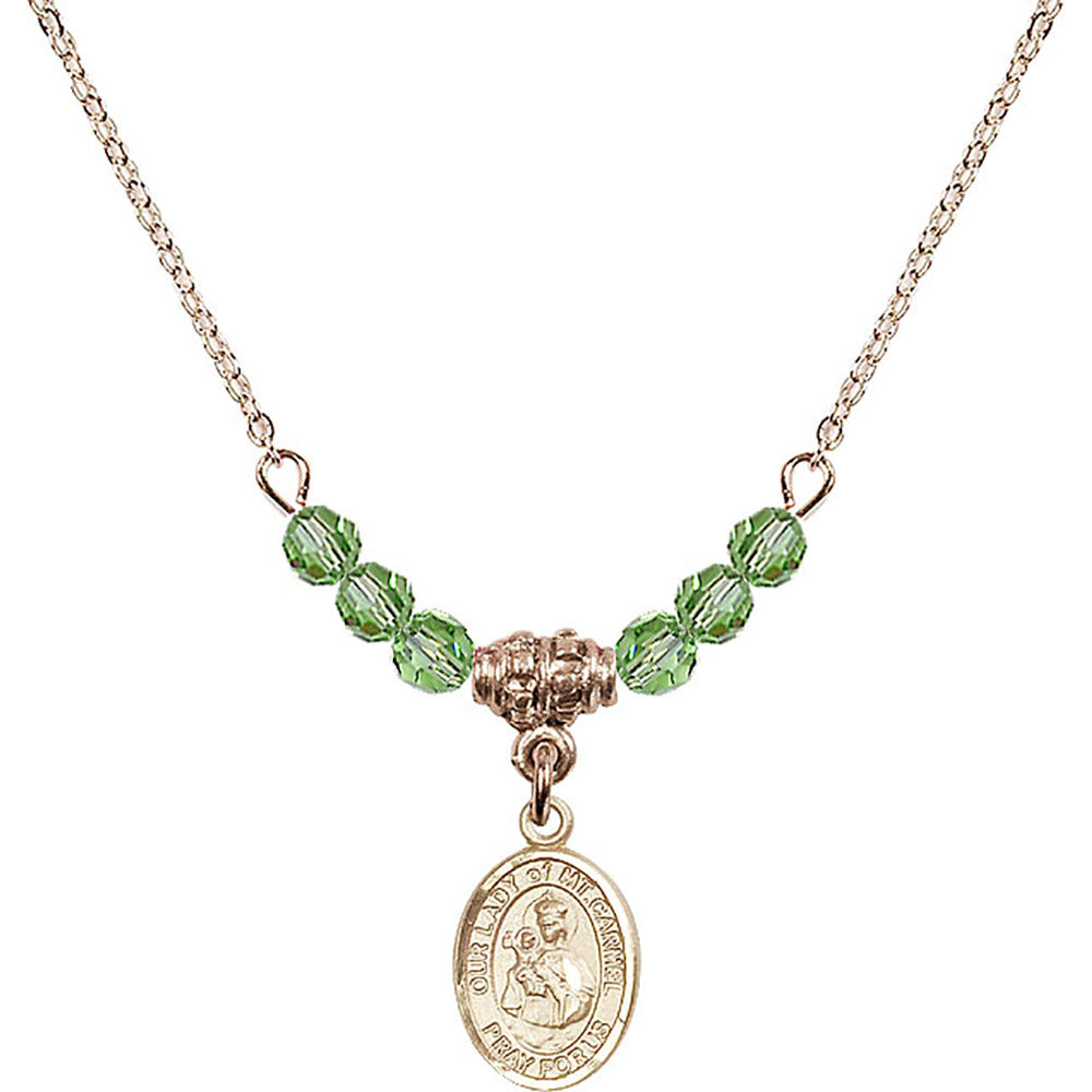 14kt Gold Filled Our Lady of Mount Carmel Birthstone Necklace with Peridot Beads - 9243