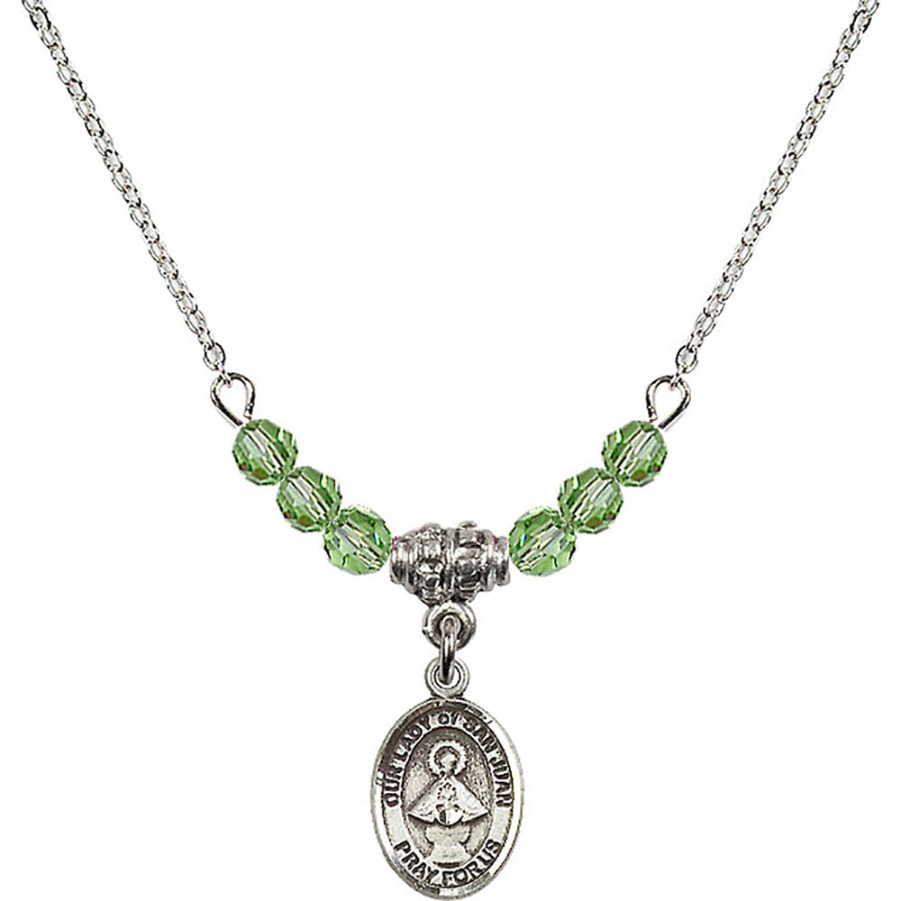 Sterling Silver Our Lady of San Juan Birthstone Necklace with Peridot Beads - 9263