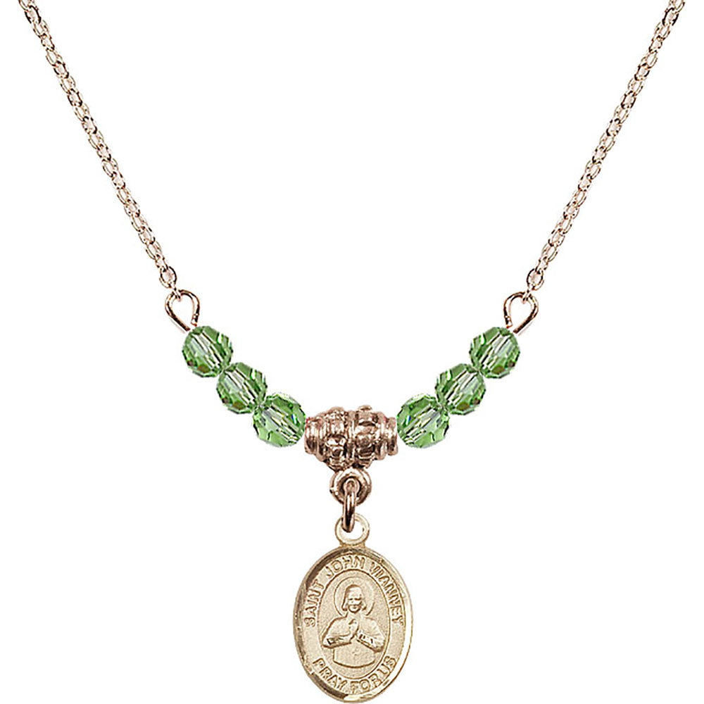 14kt Gold Filled Saint John Vianney Birthstone Necklace with Peridot Beads - 9282