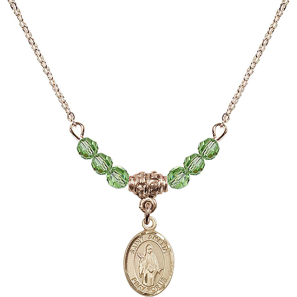14kt Gold Filled Saint Amelia Birthstone Necklace with Peridot Beads - 9313