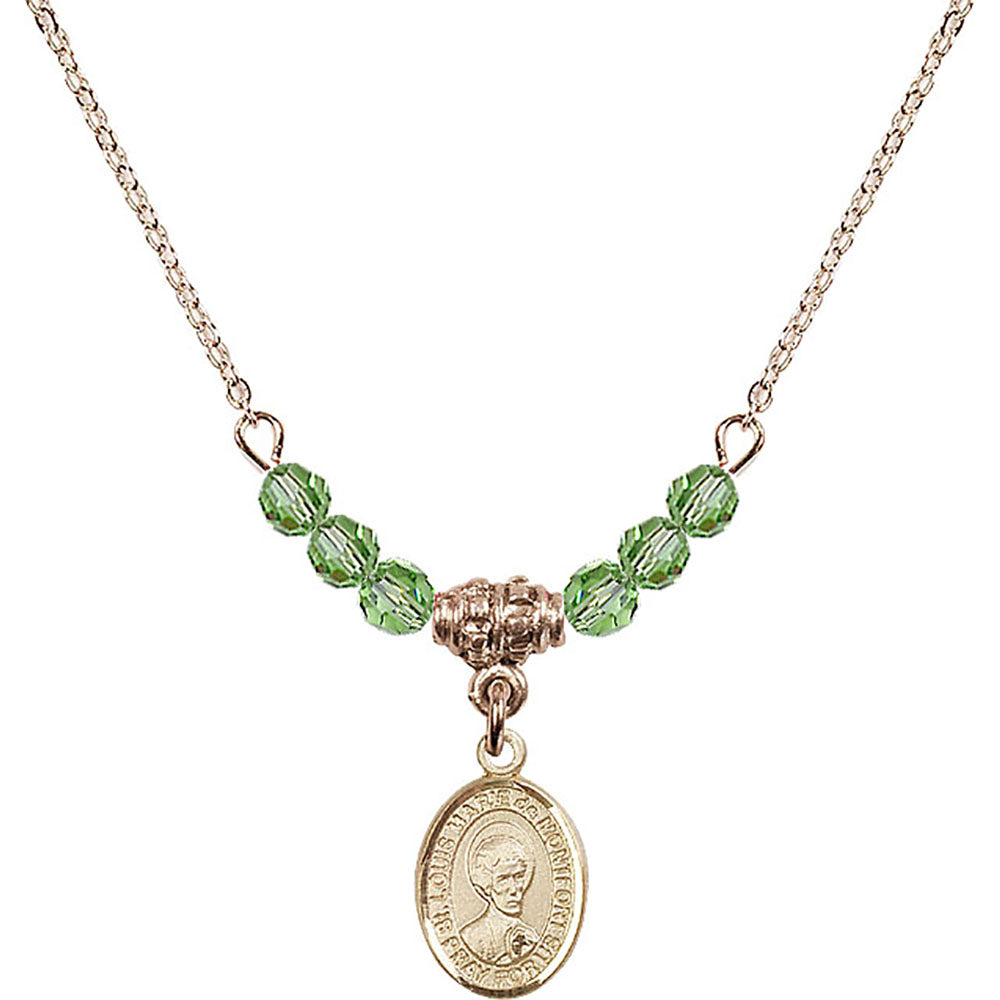 14kt Gold Filled Saint Louis Marie de Montfort Birthstone Necklace with Peridot Beads - 9330