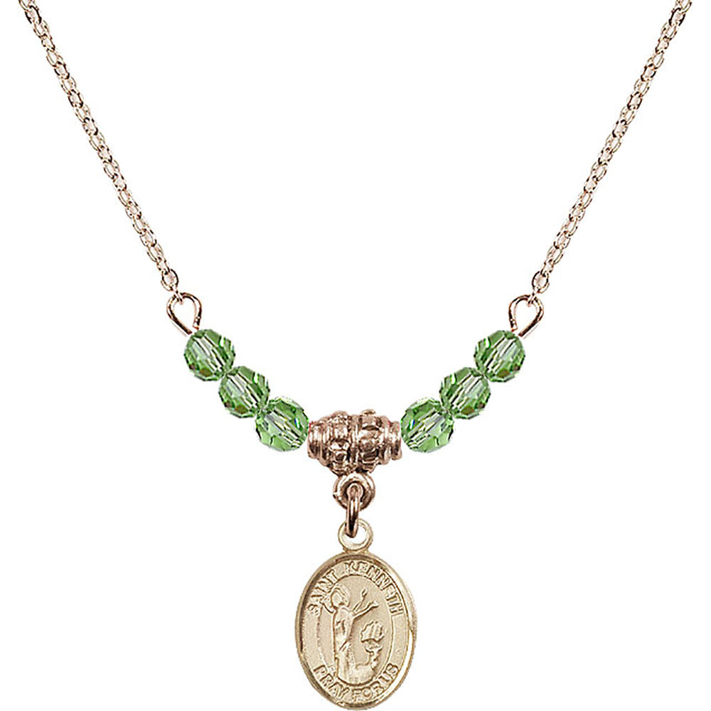 14kt Gold Filled Saint Kenneth Birthstone Necklace with Peridot Beads - 9332