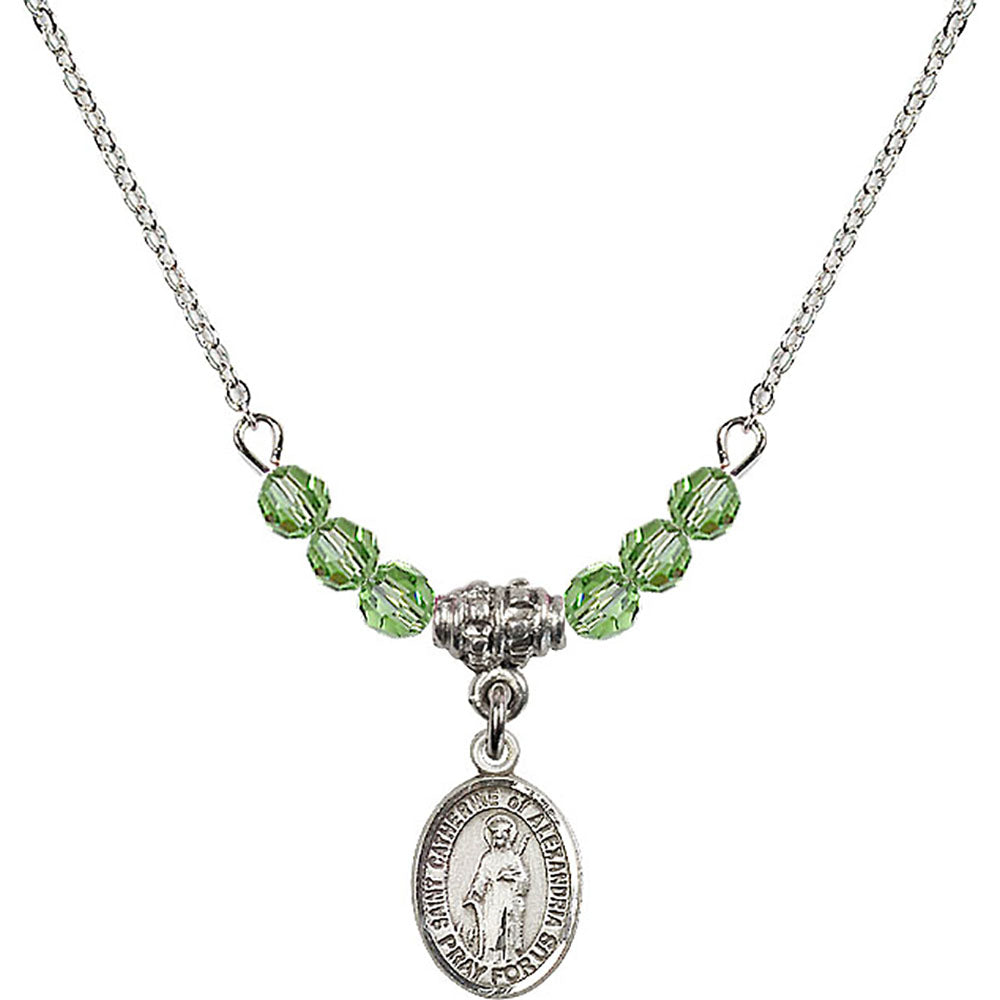 Sterling Silver Saint Catherine of Alexandria Birthstone Necklace with Peridot Beads - 9343