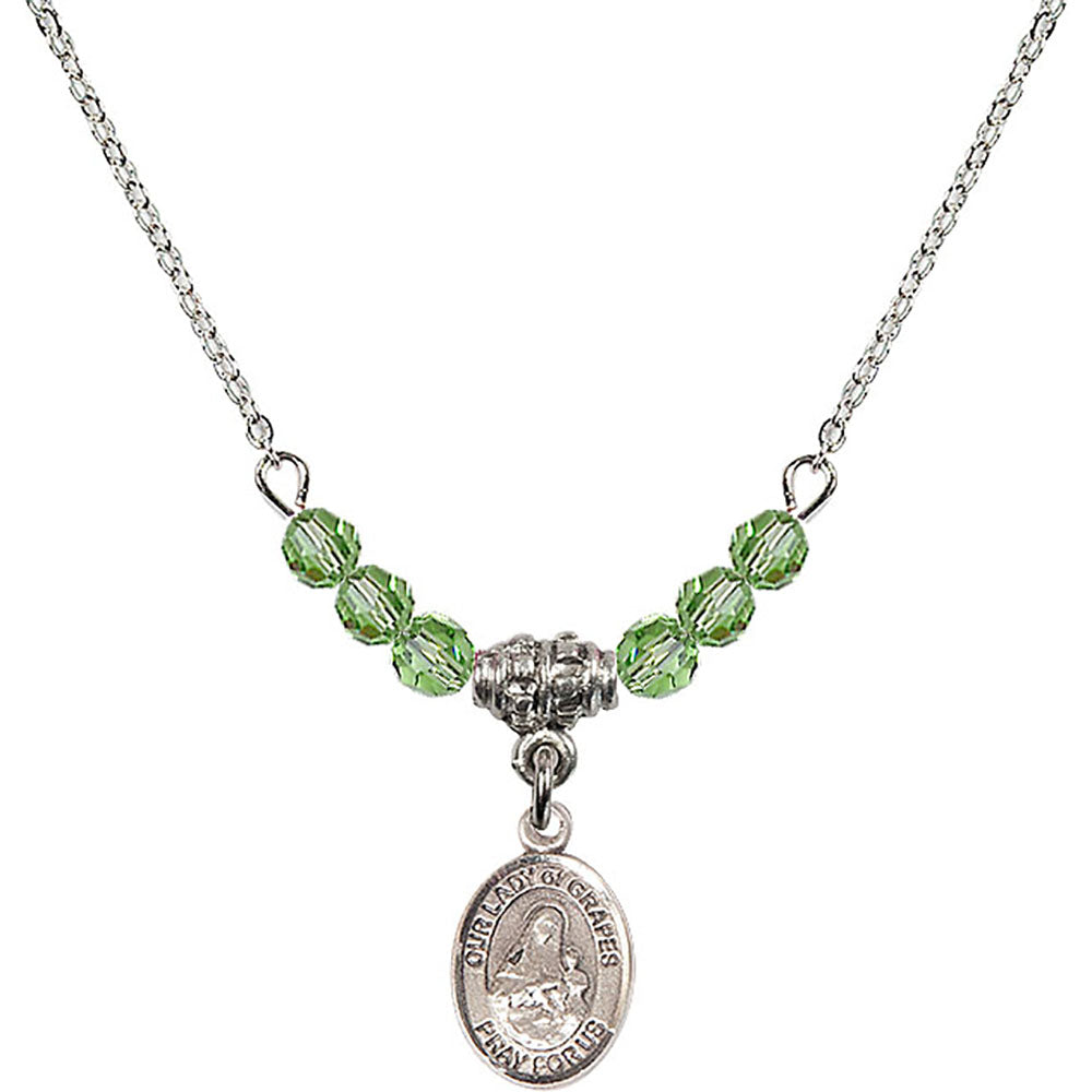 Sterling Silver Our Lady of Grapes Birthstone Necklace with Peridot Beads - 9347