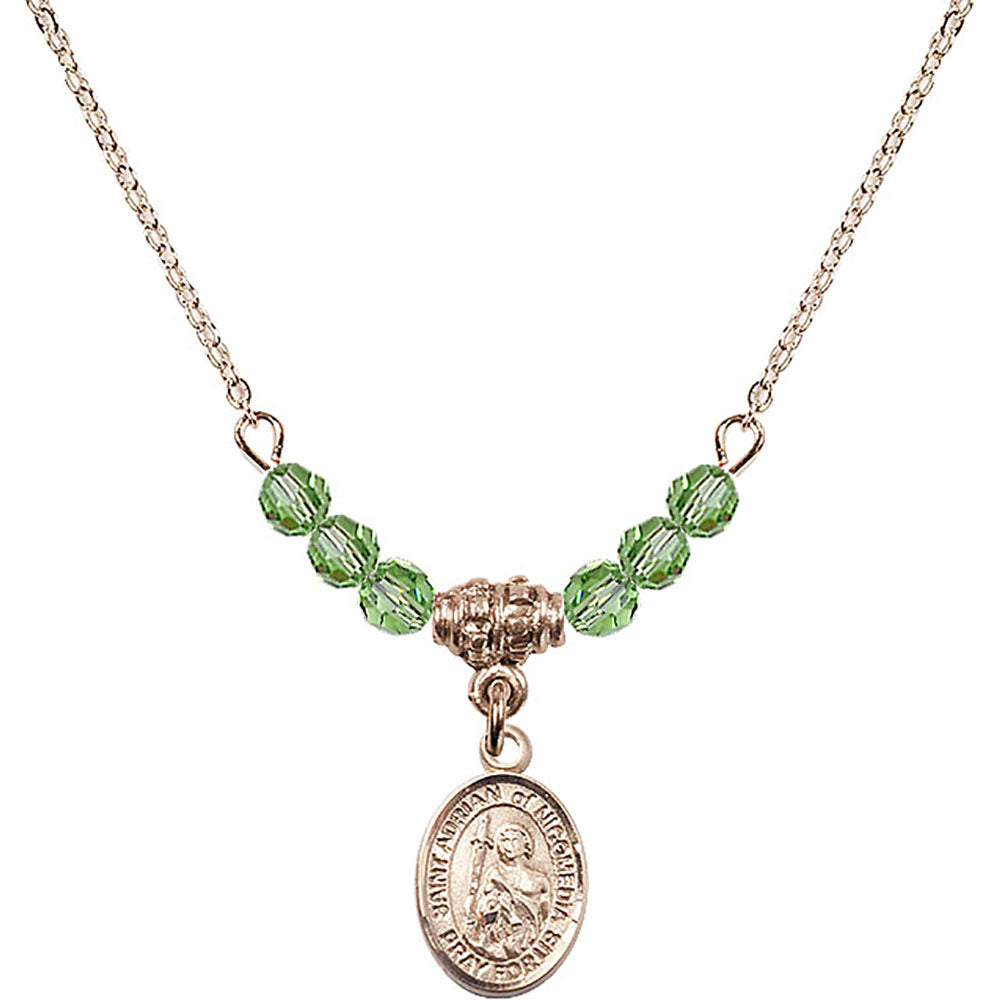 14kt Gold Filled Saint Adrian of Nicomedia Birthstone Necklace with Peridot Beads - 9353