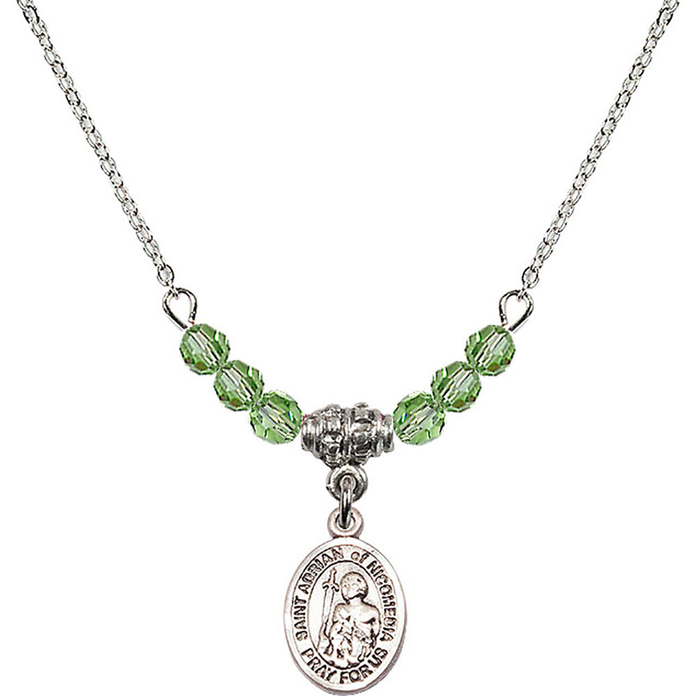 Sterling Silver Saint Adrian of Nicomedia Birthstone Necklace with Peridot Beads - 9353