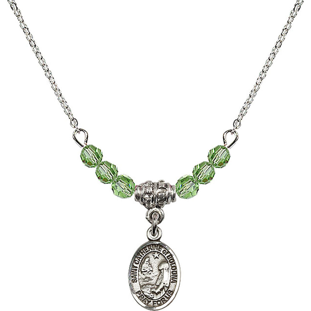 Sterling Silver Saint Catherine of Bologna Birthstone Necklace with Peridot Beads - 9354