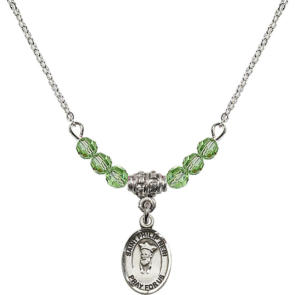 Sterling Silver Saint Philip Neri Birthstone Necklace with Peridot Beads - 9369