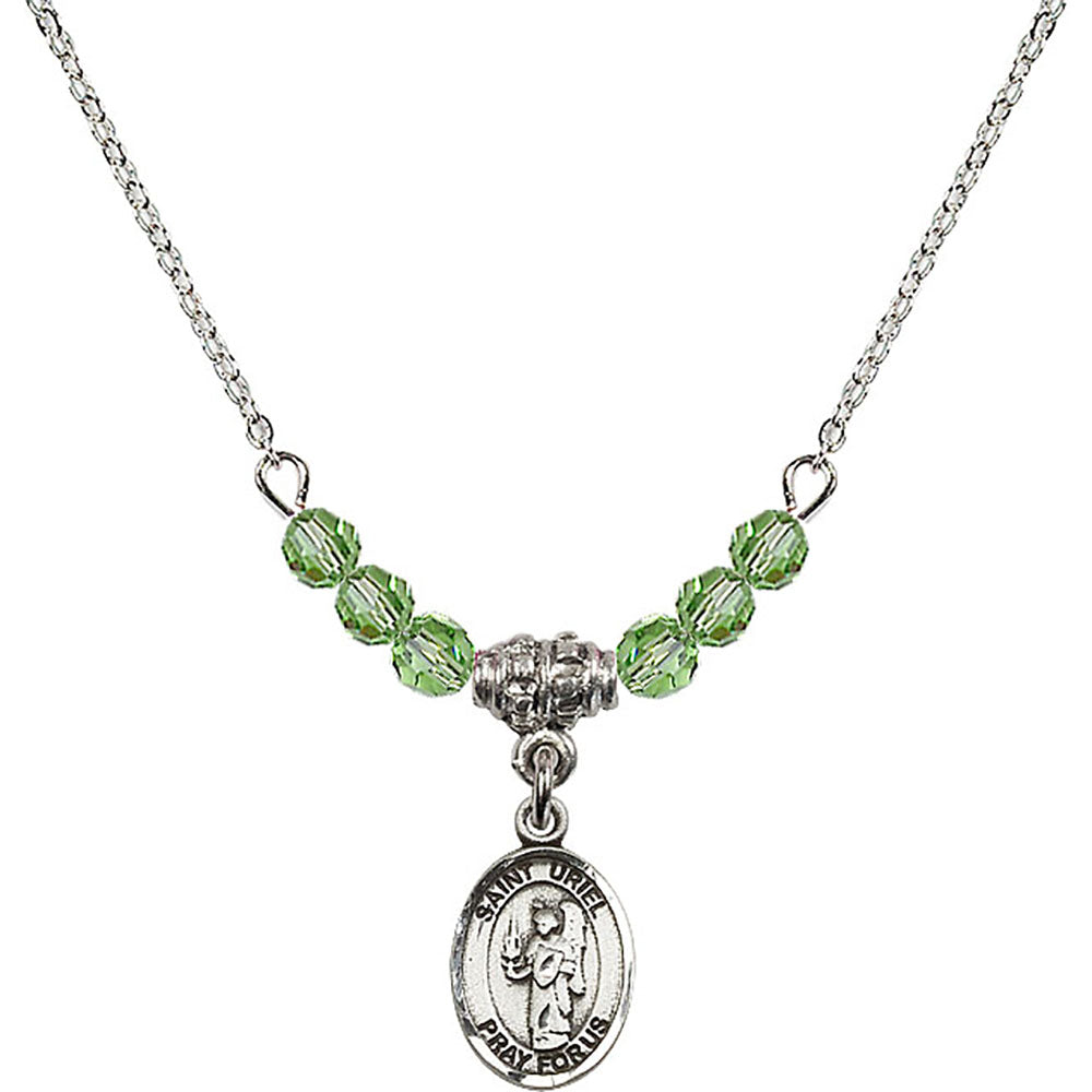 Sterling Silver Saint Uriel the Archangel Birthstone Necklace with Peridot Beads - 9378