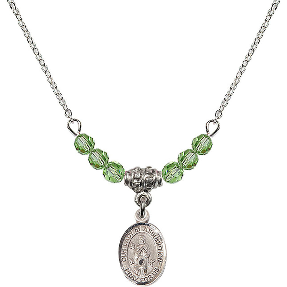 Sterling Silver Our Lady of Assumption Birthstone Necklace with Peridot Beads - 9388