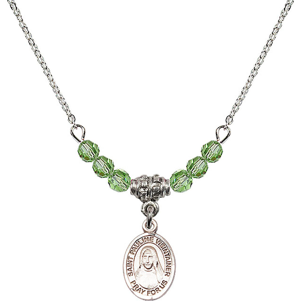 Sterling Silver Saint Pauline Visintainer Birthstone Necklace with Peridot Beads - 9391