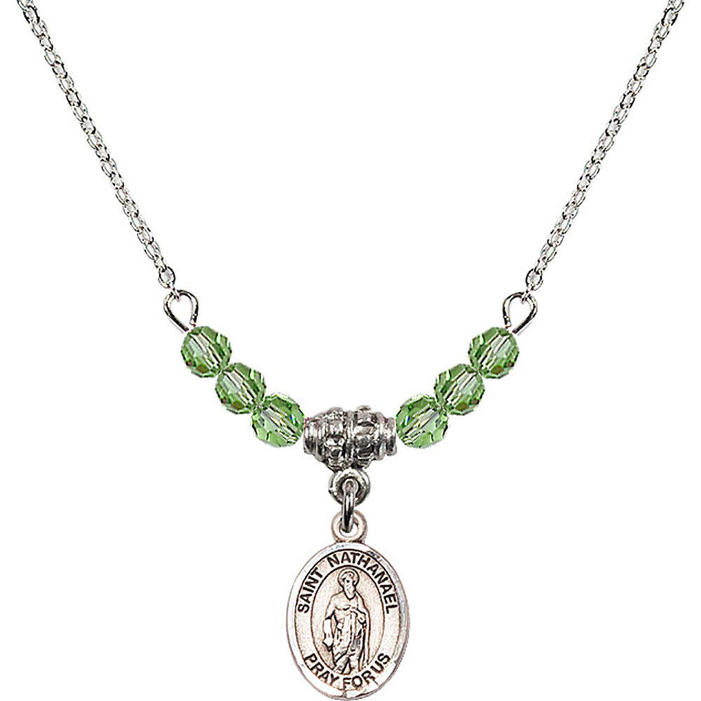 Sterling Silver Saint Nathanael Birthstone Necklace with Peridot Beads - 9398