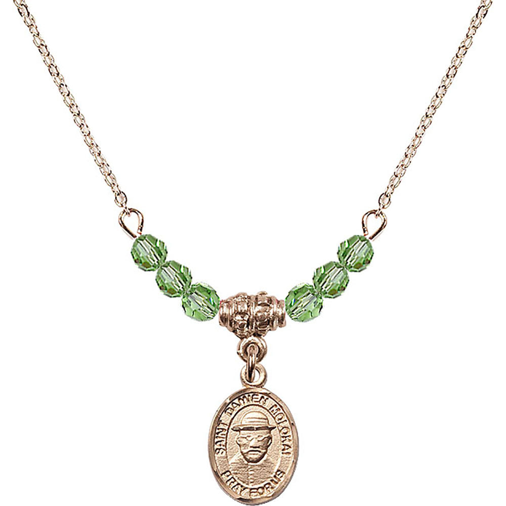 14kt Gold Filled Saint Damien of Molokai Birthstone Necklace with Peridot Beads - 9412