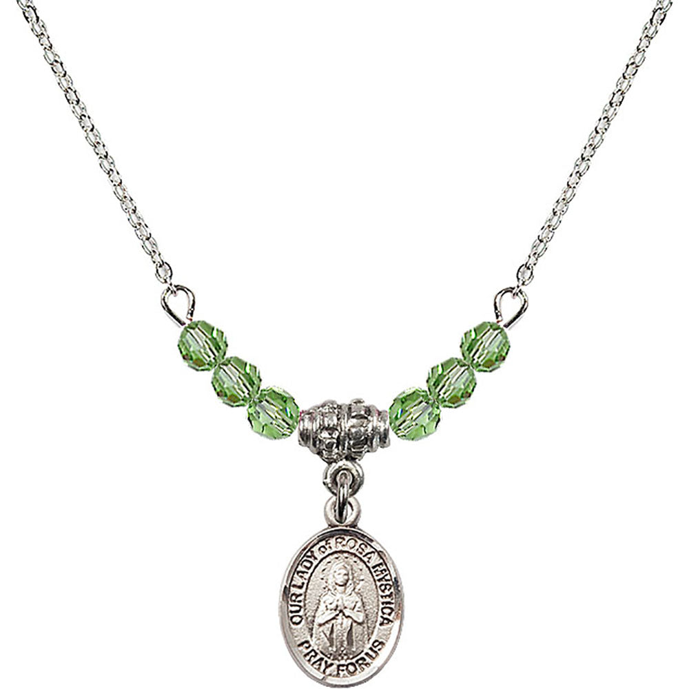 Sterling Silver Our Lady of Rosa Mystica Birthstone Necklace with Peridot Beads - 9413