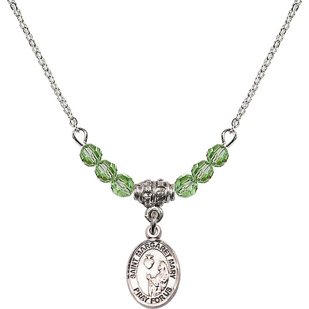 Sterling Silver Saint Margaret Mary Alacoque Birthstone Necklace with Peridot Beads - 9420