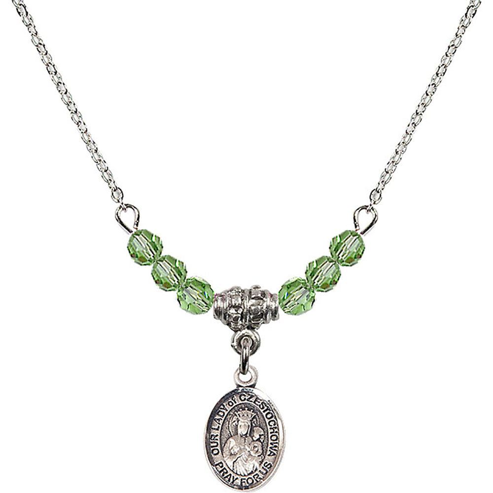Sterling Silver Our Lady of Czestochowa Birthstone Necklace with Peridot Beads - 9421