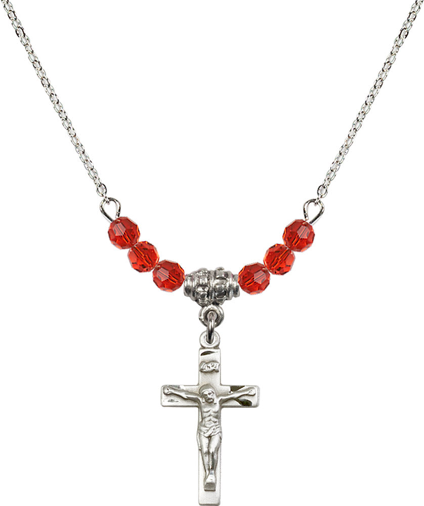 Sterling Silver Crucifix Birthstone Necklace with Ruby Beads - 0001