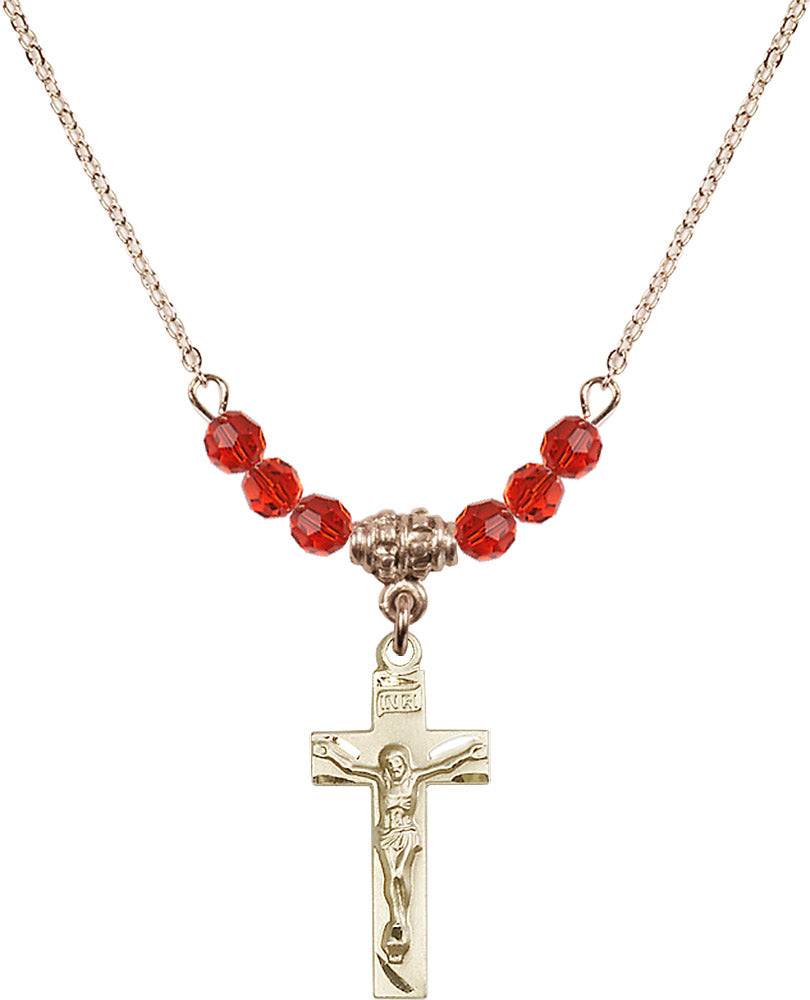 14kt Gold Filled Crucifix Birthstone Necklace with Ruby Beads - 0006