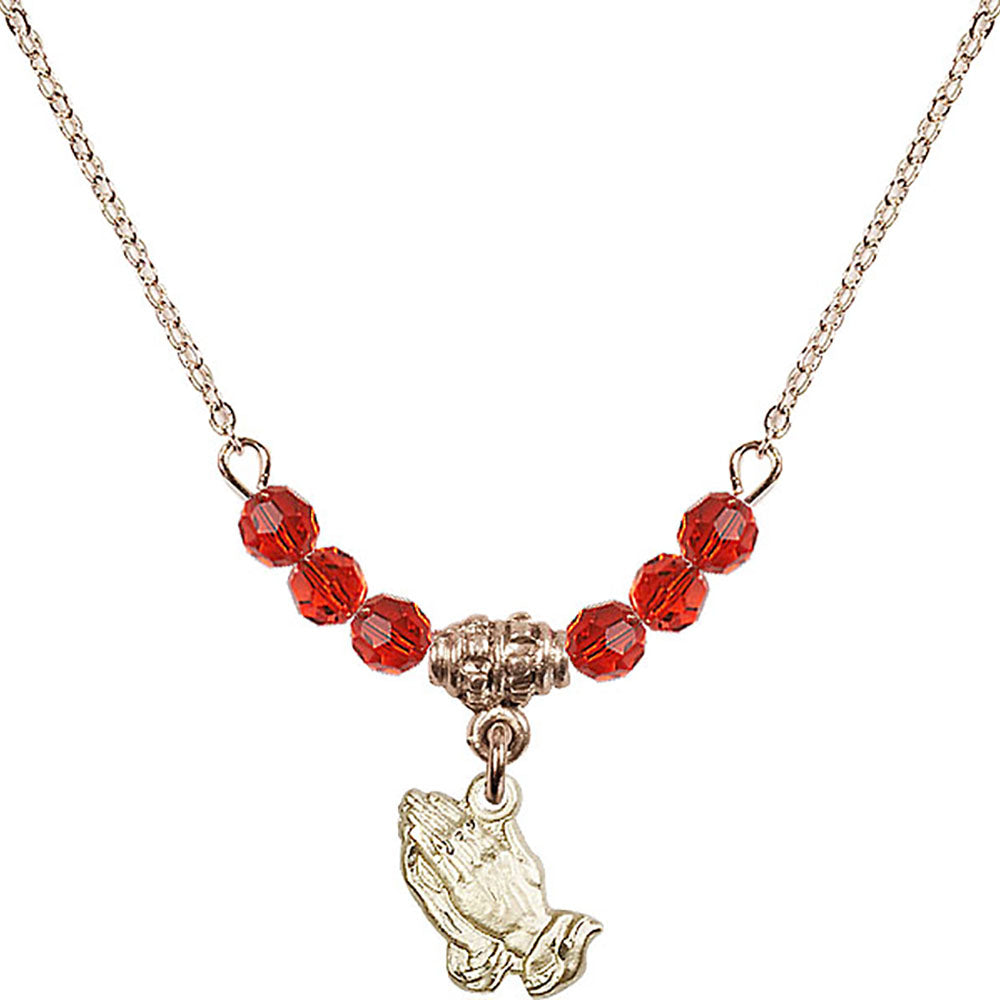 14kt Gold Filled Praying Hands Birthstone Necklace with Ruby Beads - 0220