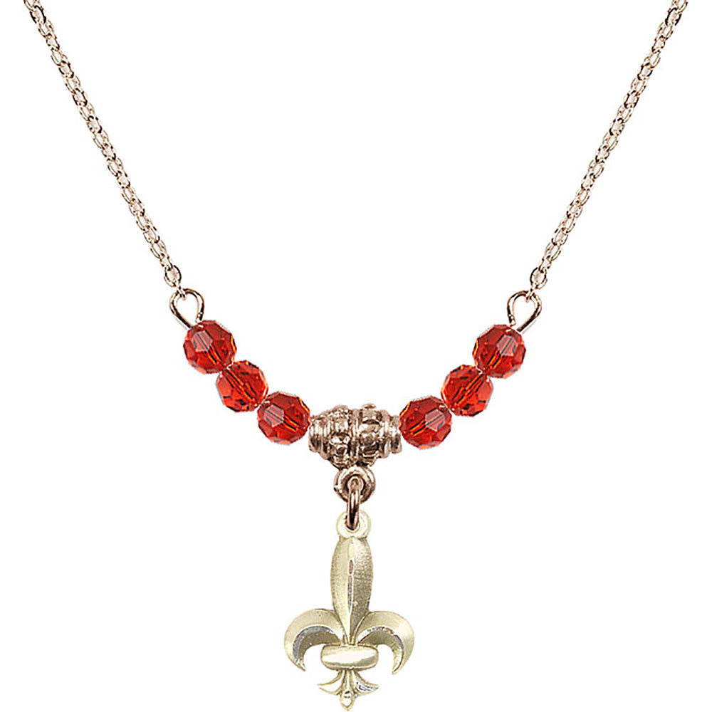 14kt Gold Filled Fleur de Lis Birthstone Necklace with Ruby Beads - 0293
