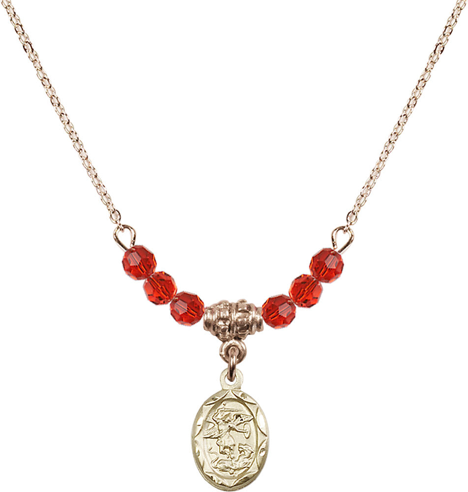 14kt Gold Filled Saint Michael the Archangel Birthstone Necklace with Ruby Beads - 0301