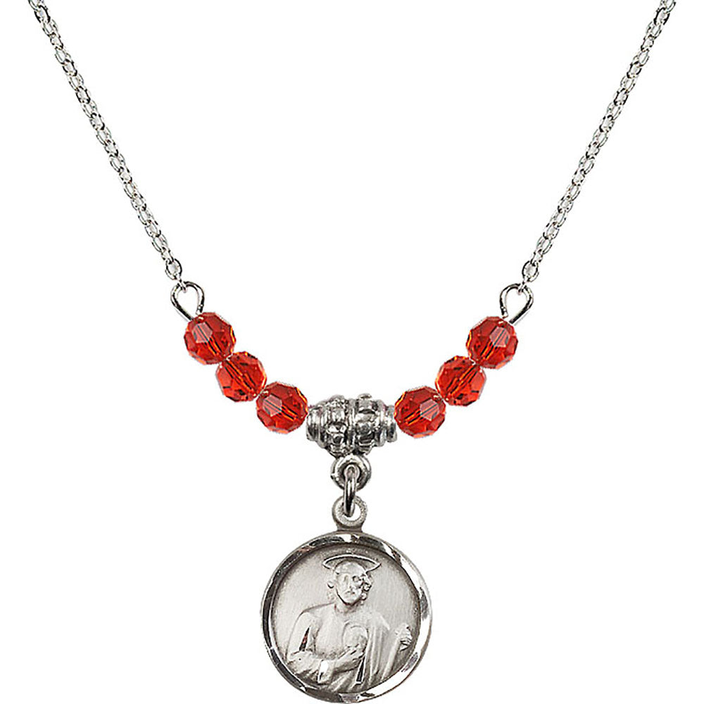 Sterling Silver Saint Jude Birthstone Necklace with Ruby Beads - 0601