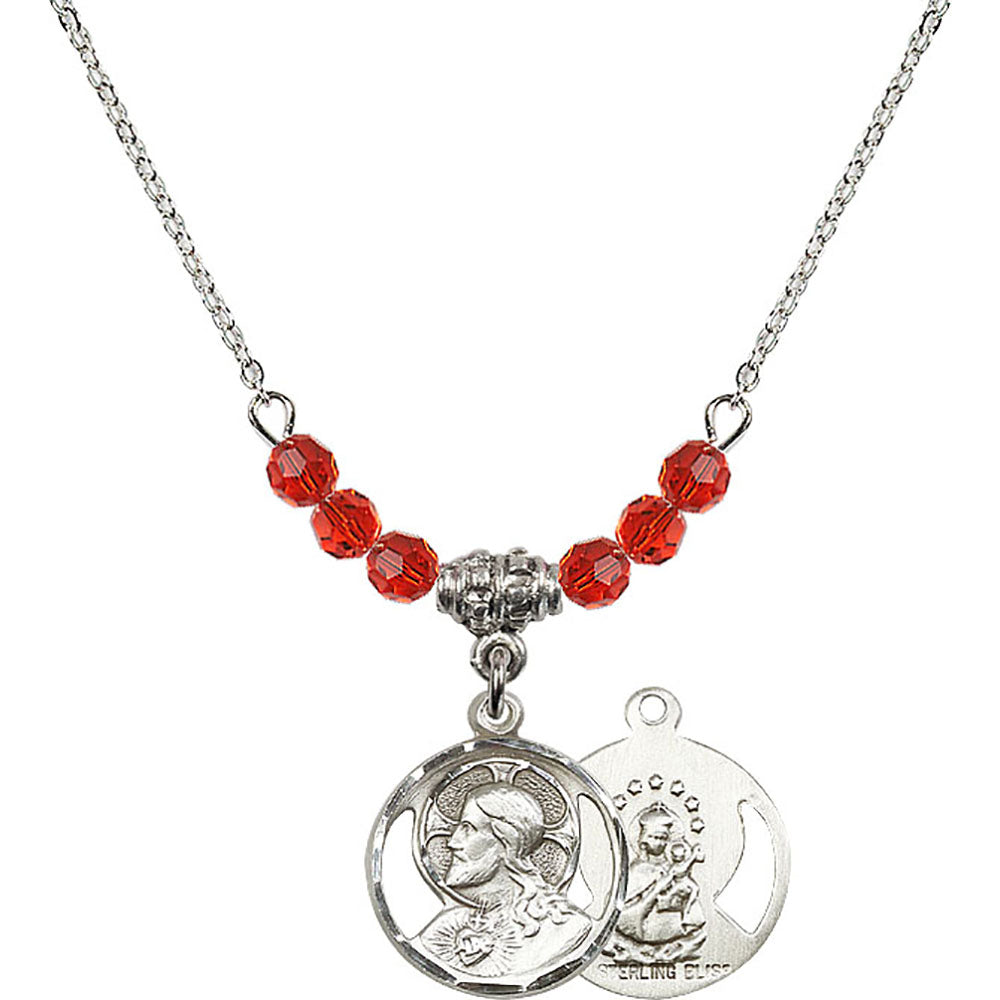 Sterling Silver Scapular Birthstone Necklace with Ruby Beads - 0611