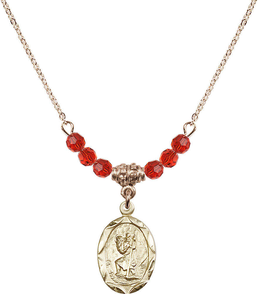 14kt Gold Filled Saint Christopher Birthstone Necklace with Ruby Beads - 0612