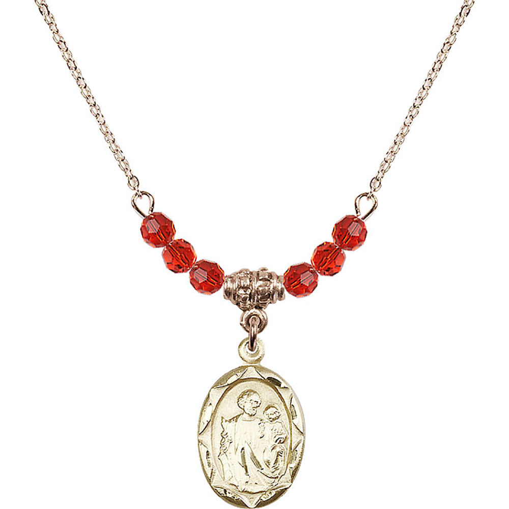 14kt Gold Filled Saint Joseph Birthstone Necklace with Ruby Beads - 0612