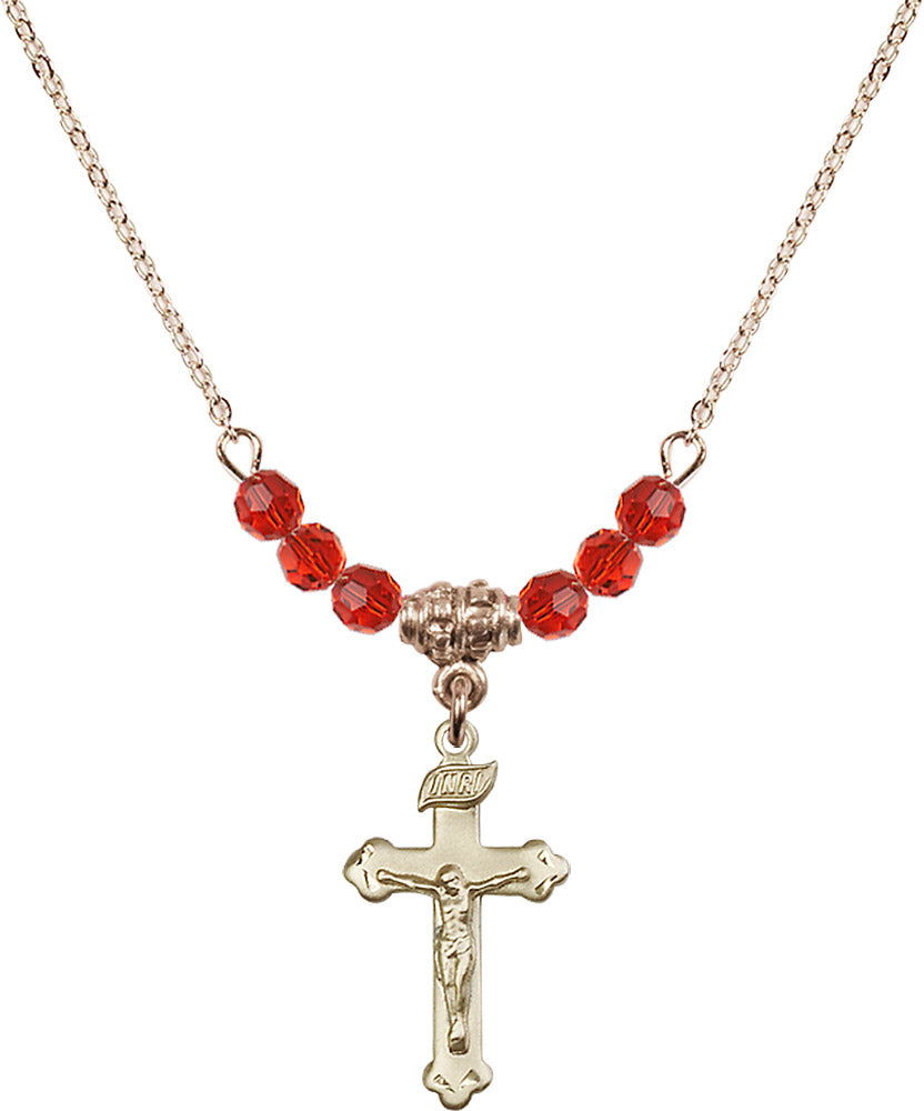 14kt Gold Filled Crucifix Birthstone Necklace with Ruby Beads - 0669