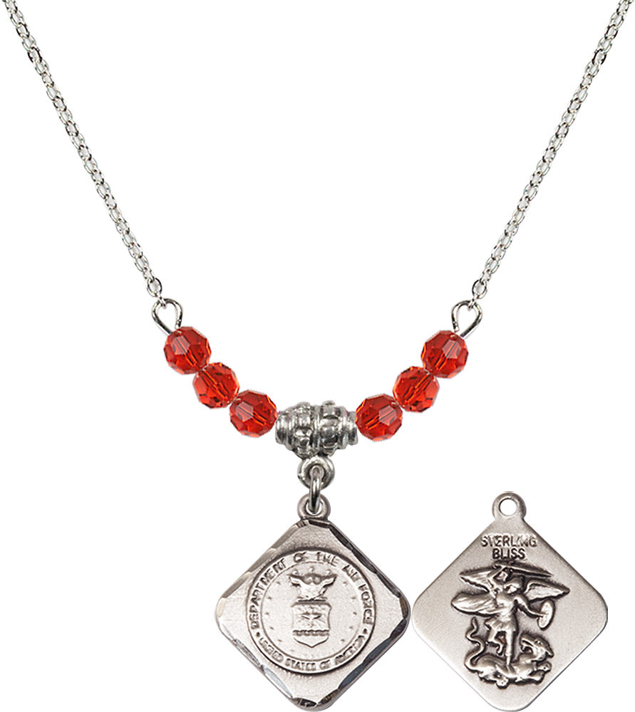 Sterling Silver Air Force Diamond Birthstone Necklace with Ruby Beads - 1180