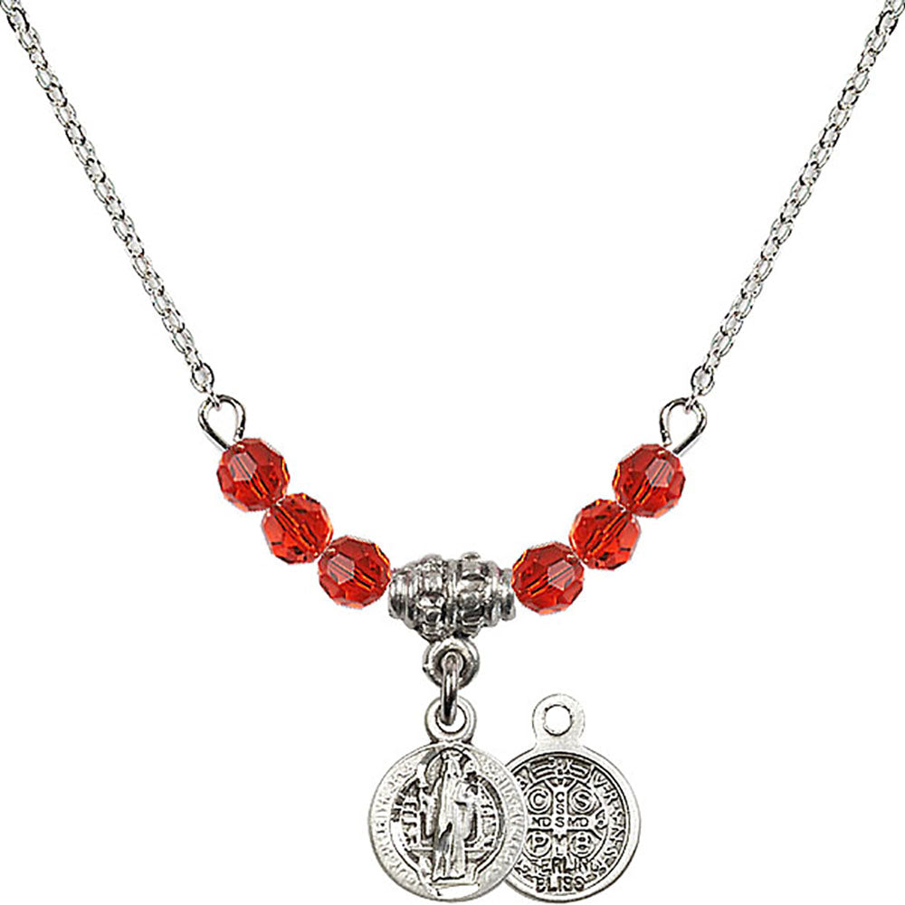 Sterling Silver Saint Benedict Birthstone Necklace with Ruby Beads - 2341
