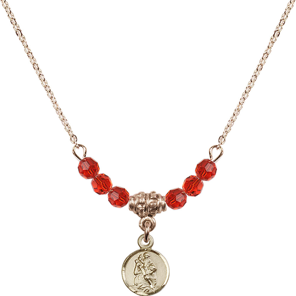 14kt Gold Filled Saint Christopher Birthstone Necklace with Ruby Beads - 2343