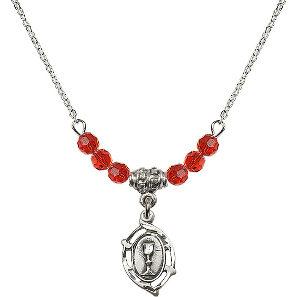 Sterling Silver Communion Birthstone Necklace with Ruby Beads - 3019