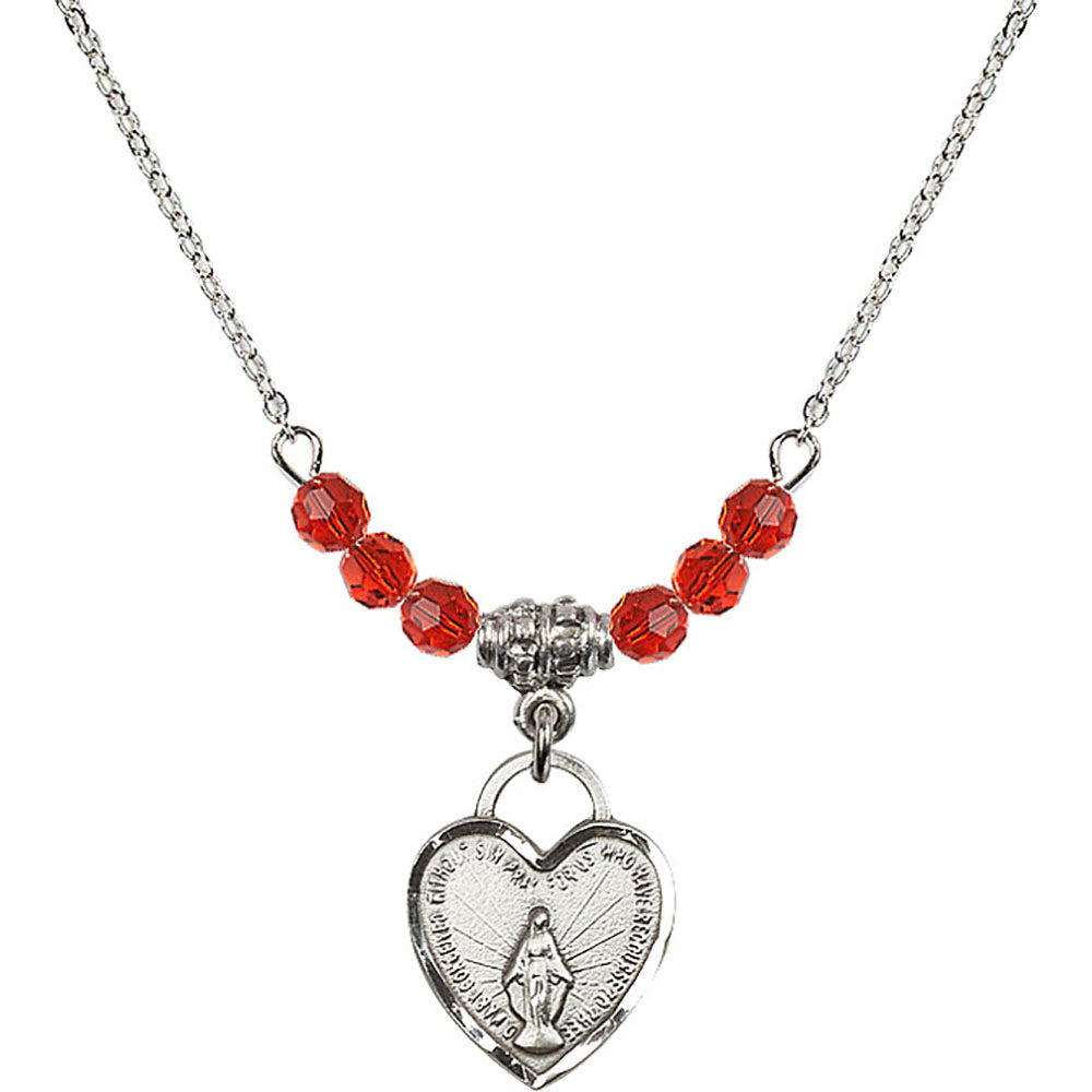 Sterling Silver Miraculous Heart Birthstone Necklace with Ruby Beads - 3401