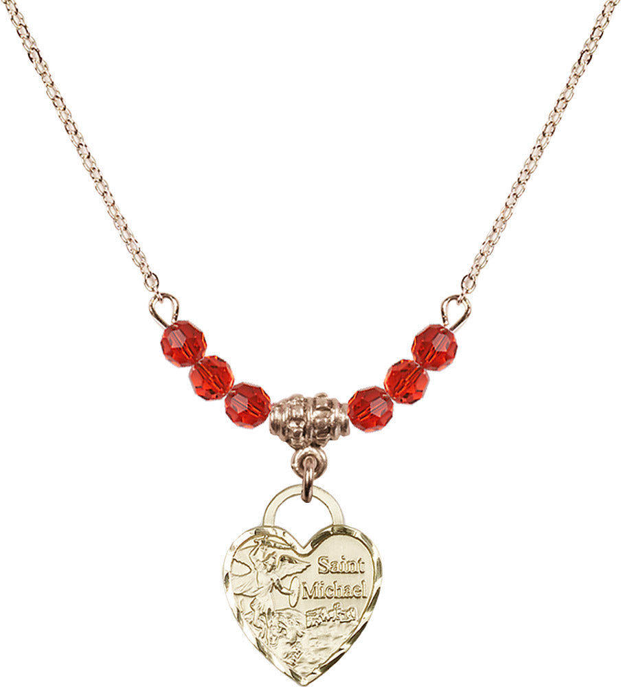 14kt Gold Filled Saint Michael Heart Birthstone Necklace with Ruby Beads - 3403