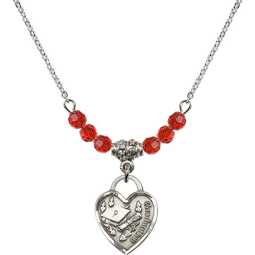 Sterling Silver Graduation Heart Birthstone Necklace with Ruby Beads - 3406