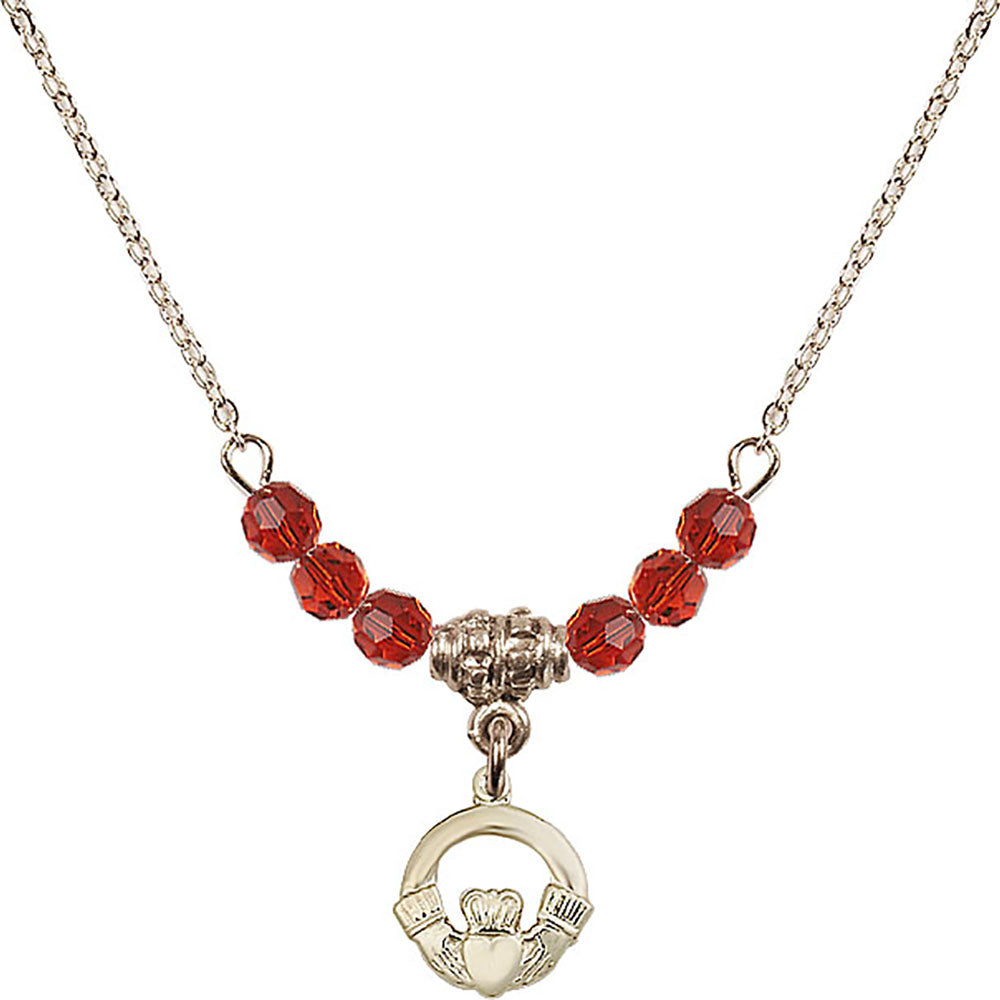 14kt Gold Filled Claddagh Birthstone Necklace with Ruby Beads - 4113