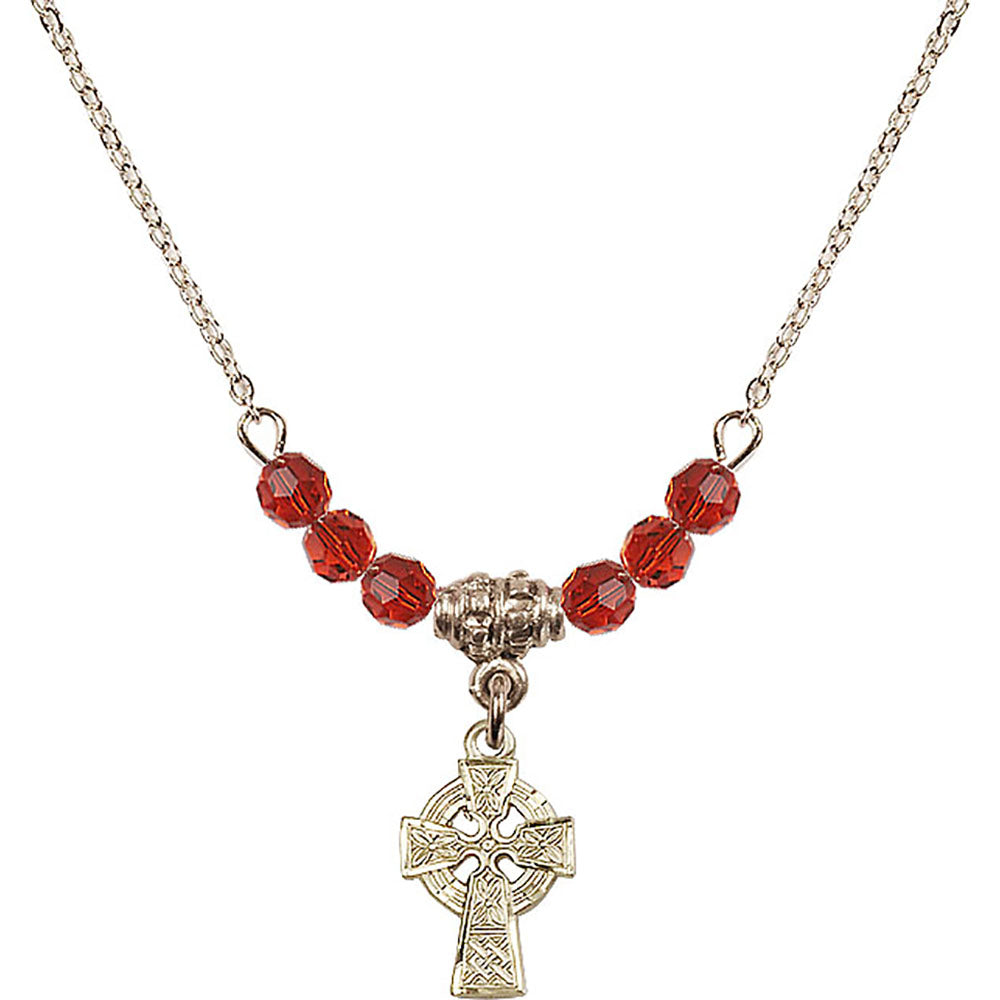 14kt Gold Filled Celtic Cross Birthstone Necklace with Ruby Beads - 4133