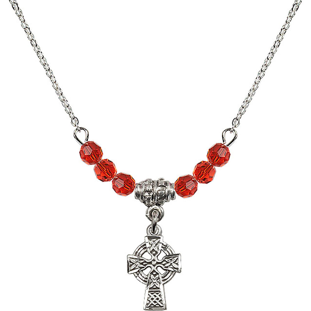 Sterling Silver Celtic Cross Birthstone Necklace with Ruby Beads - 4133