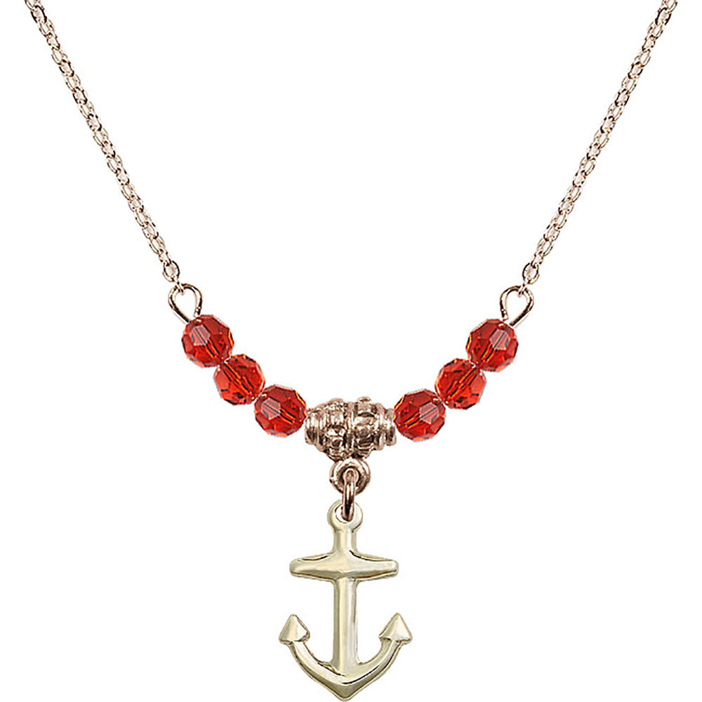 14kt Gold Filled Anchor Birthstone Necklace with Ruby Beads - 4158