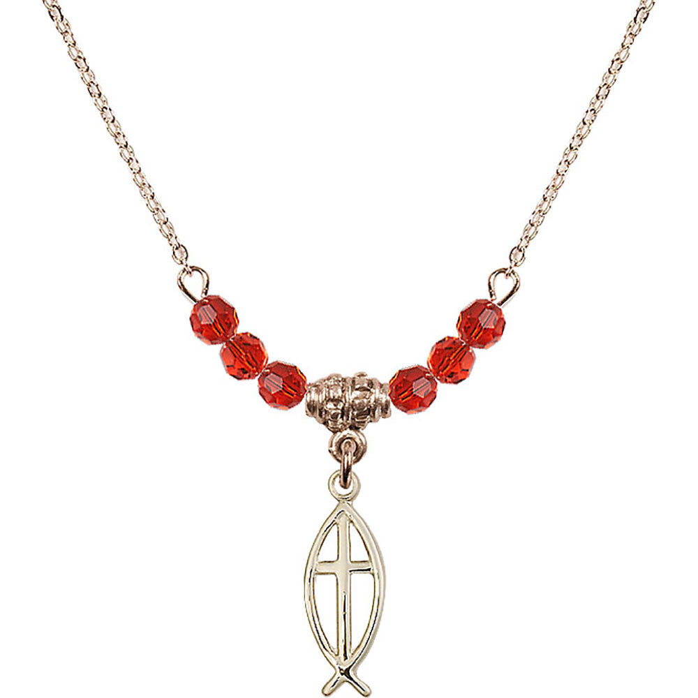 14kt Gold Filled Fish / Cross Birthstone Necklace with Ruby Beads - 4251