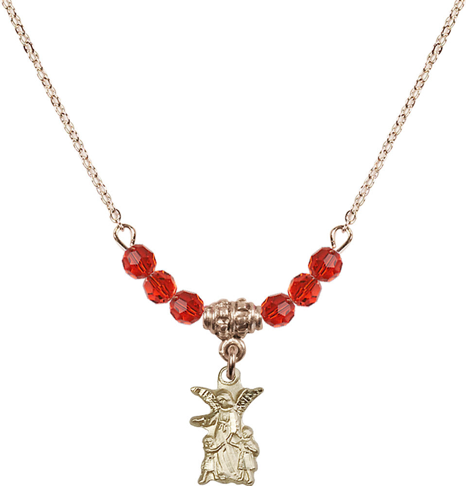 14kt Gold Filled Guardian Angel Birthstone Necklace with Ruby Beads - 4253
