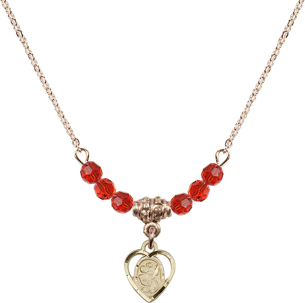 14kt Gold Filled Saint Christopher Birthstone Necklace with Ruby Beads - 5403