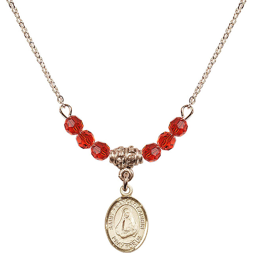 14kt Gold Filled Saint Frances Cabrini Birthstone Necklace with Ruby Beads - 9011
